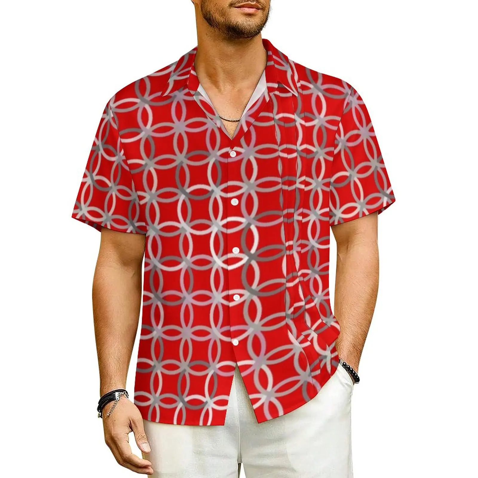 

Red Modern Circles Vacation Shirt Men Mid-Century Trendy Casual Shirts Summer Short-Sleeve Street Style Oversized Blouses Gift