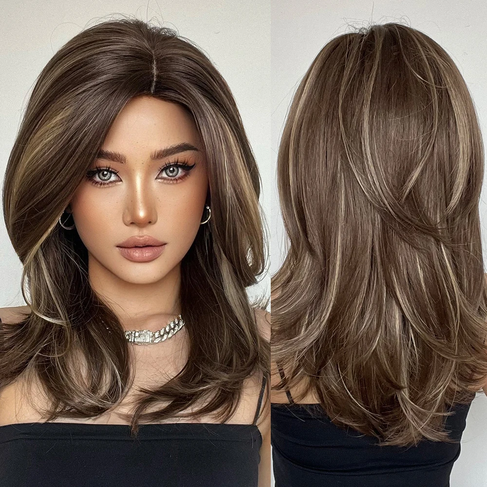 City Ladies Style Medium Short Synthetic Wigs Ombre Brown Hair Wig with Side Bangs for Girls and Women Daily Use Wear Natural