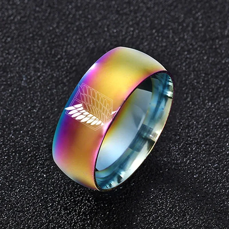 Anillo de acero inoxidable colorido de ataque a los Titanes de 8mm, alas de la bandera de la libertad, anillos de pareja para hombres y mujeres, joyería para fanáticos del Anime