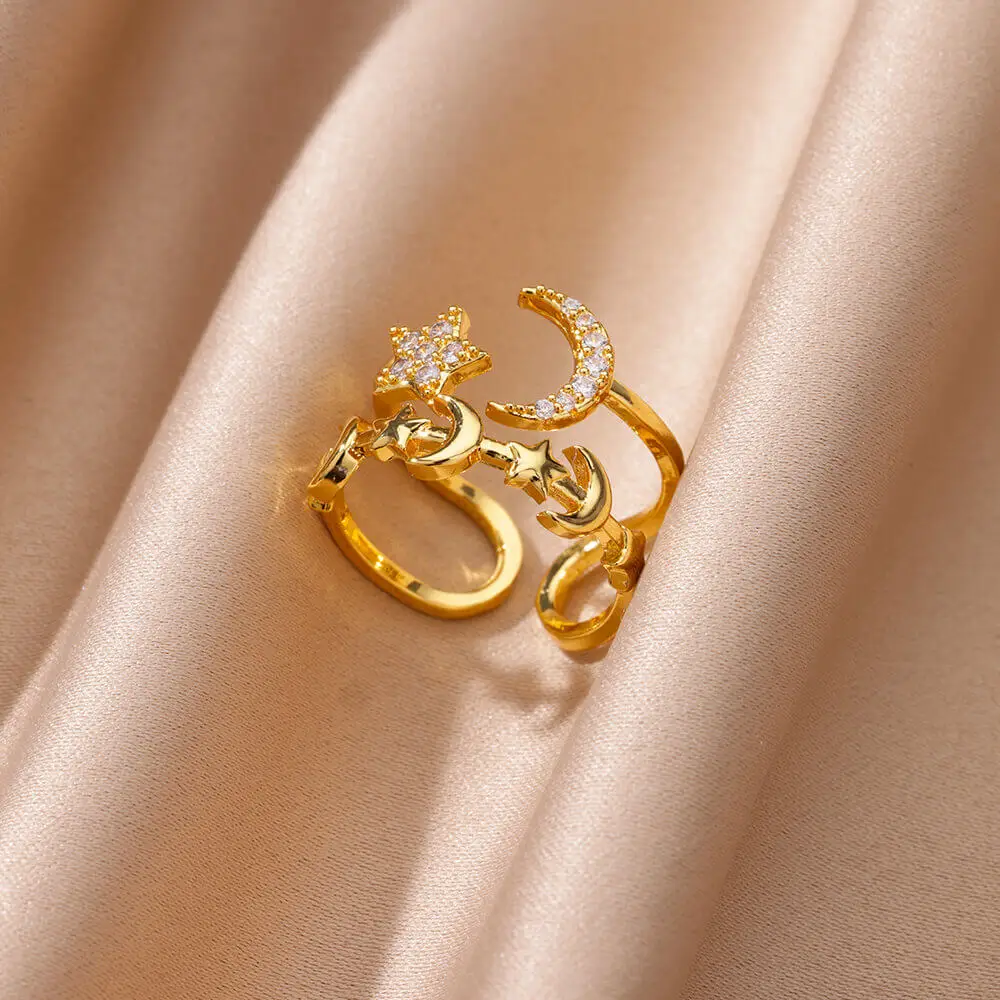 Women's Adjustable Zircon Star Moon Ring, Gold Color