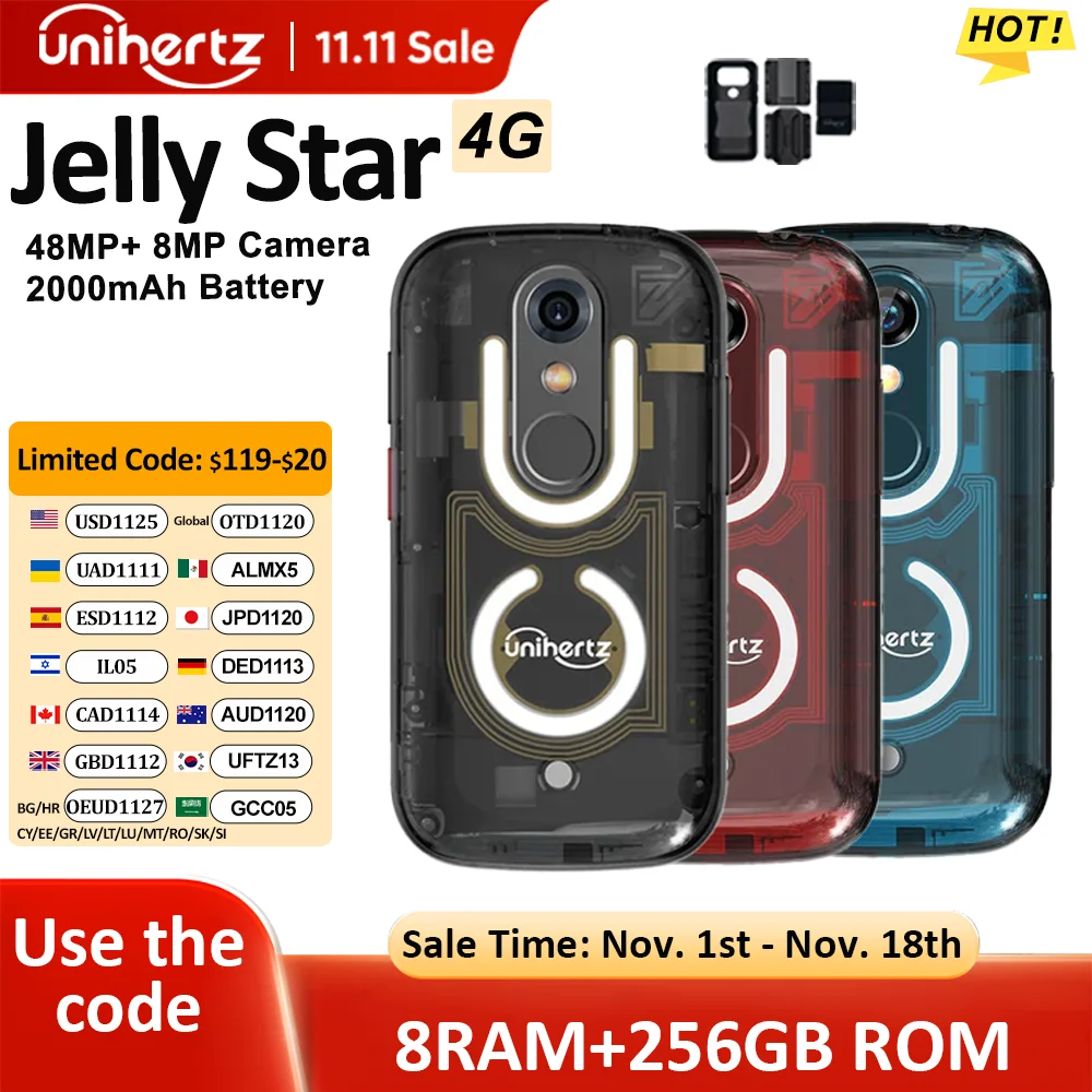 Unihertz Jelly Star Mini Smartphone Android 13 8GB 256GB Led Light Unlocked Transparent Backshell Cellphones 48MP 3 inch Phone