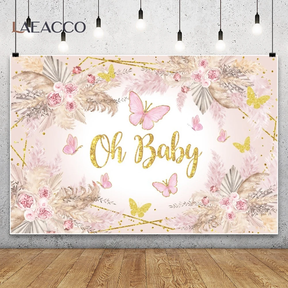 Laeacco Dreamy Butterfly Child Birthday Party Photographic Backdrops Baby Shower Pink Flowers Decoration Background Photo Studio