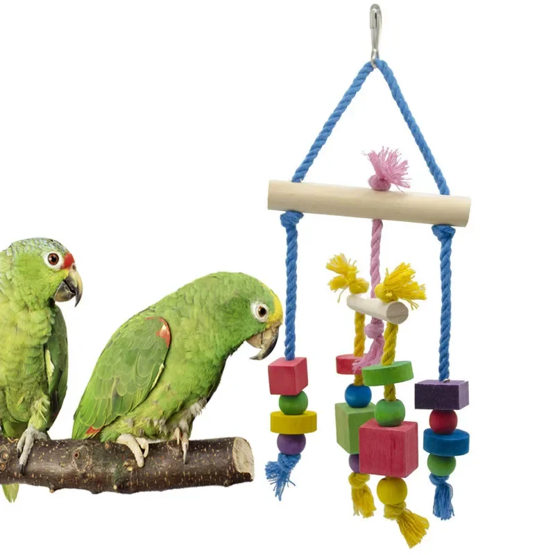 1PCS Parrot Toy Pet Bird Toy Cotton Rope Balance Color Wood Block Nibble String