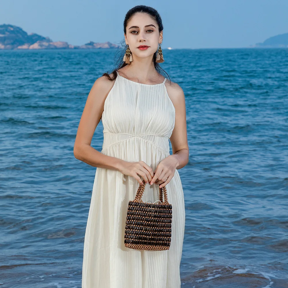 Colorblock Wooden Bead Woven Bag Women Handmade Large Capacity Beach Vacation Tote Handbag