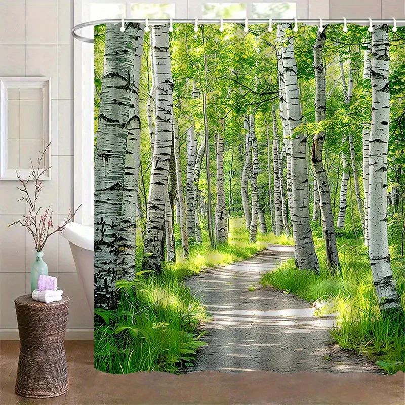 Birch Tree Forest Path Shower Curtain Nature Art Bathroom Decor Green Woodland Trail Bath Curtains Modern Home Interior