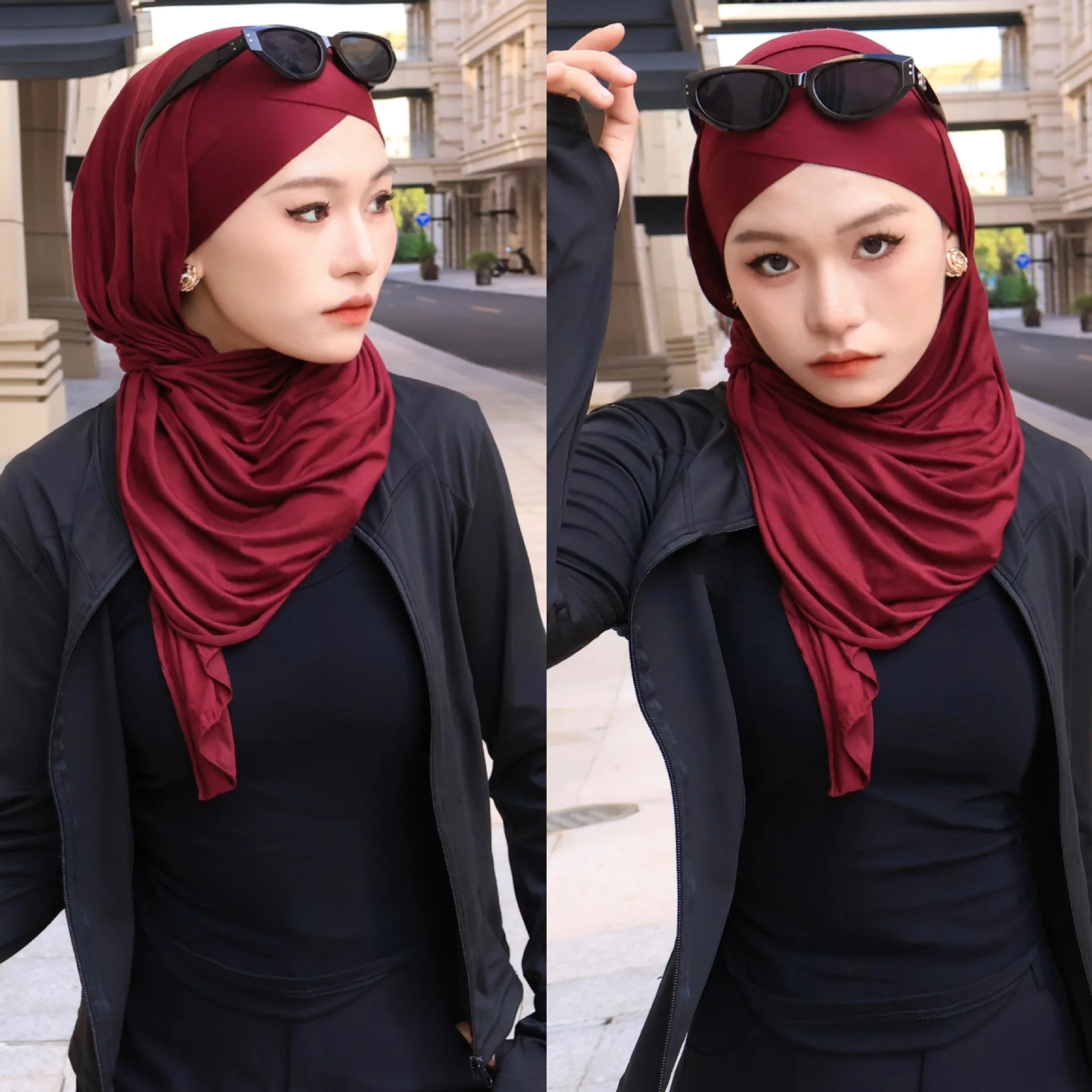 Forehead Cross Strap Convenience Scarf Modal Solid Color Long Scarves for Women Shawl Hat Muslim Hijab Head Wrap Bandanas Turban