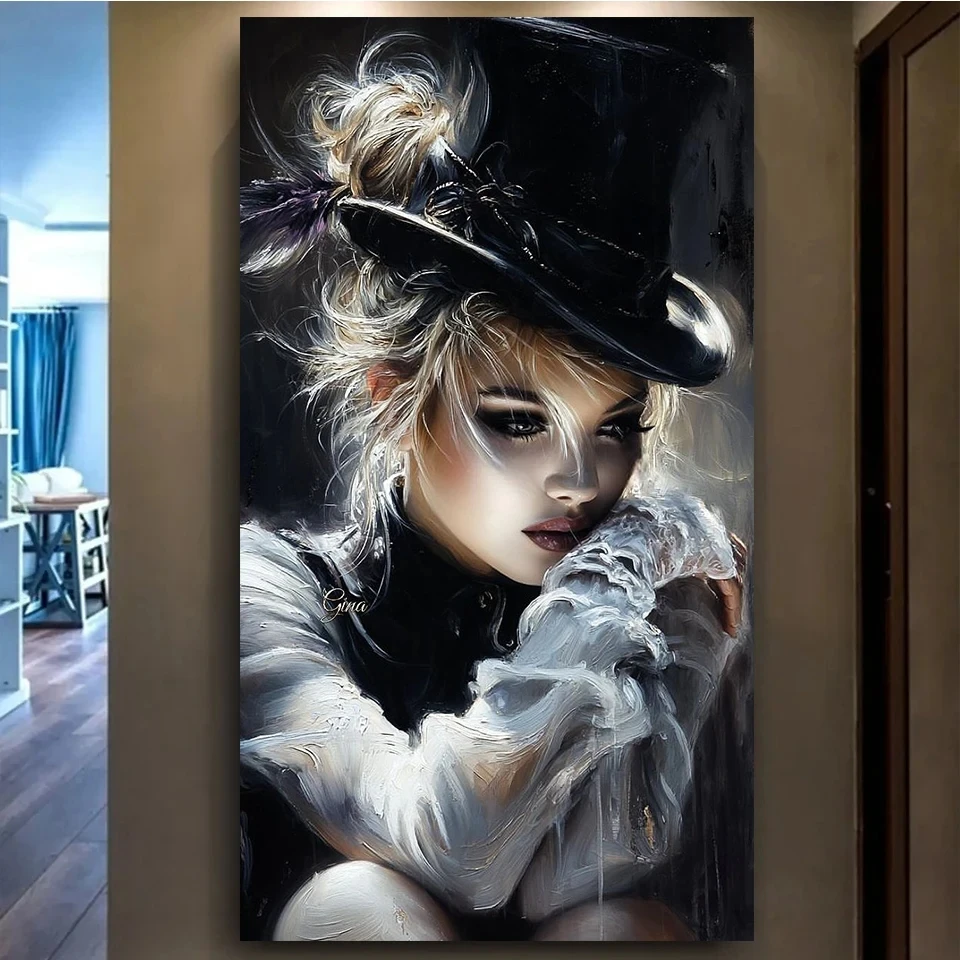Peinture Diamant DIY Femme Contemplative – Nouvelle Mosaïque Artistique Grande Taille pour Décoration Maison Beauté Noir et Blanc