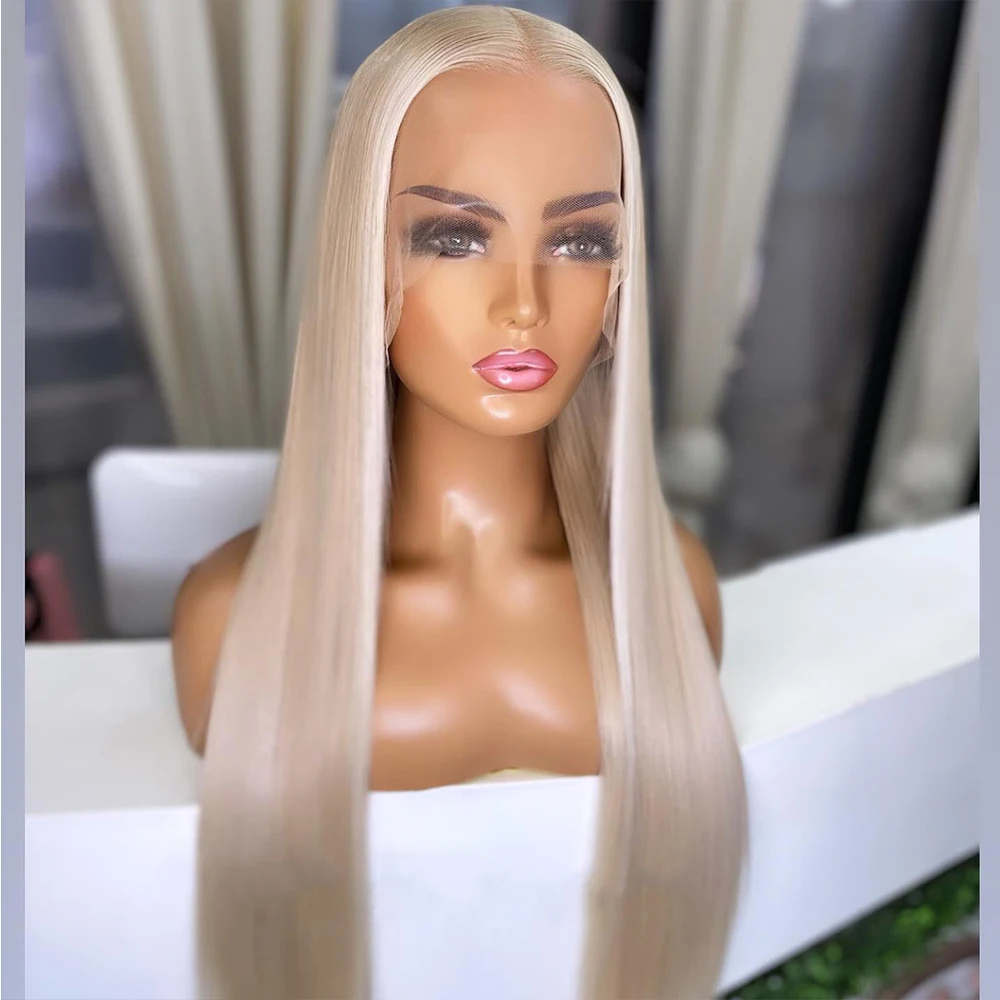 30 Inch Silky Straight Wig Ash Blonde Highlight Wig Human Hair Blended Synthetic Wigs for Women Heat Resistant Fiber Cosply