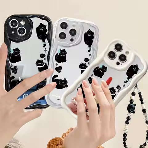Cute Mirror Black Cat Lanyard Chain Case For Xiaomi 15T 15 Ultra 12 11 Lite 5G NE 12T POCO X7 X6 X5 F3 F4 X3 M3 M4 M6 F6 F7 Pro