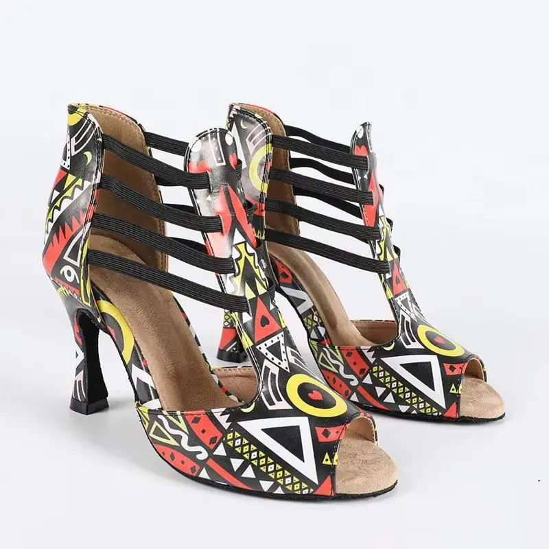 Women Geometric Print Latin Dance Boots Elastic Strap Peep Toe Salsa Tango Ballroom Shoes Girls Sneaker Party Dancing Footwear