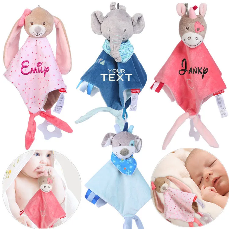 Custom Embroidered Bunny Plush Baby Comforter Toys Stuffed Baby Toys Soft Appease Towel Toys For Sleeping Animals Stuffed Toys