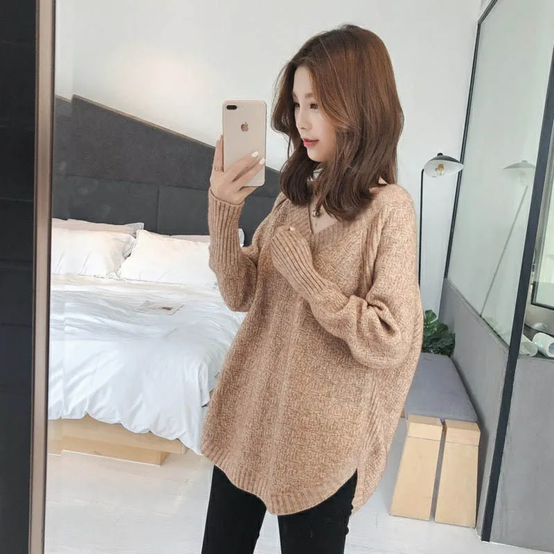 

Милый и нежный свободный розовый женский свитер с v-образным вырезом, осенне-зимний утепленный теплый пуловер с длинными рукавами 10,