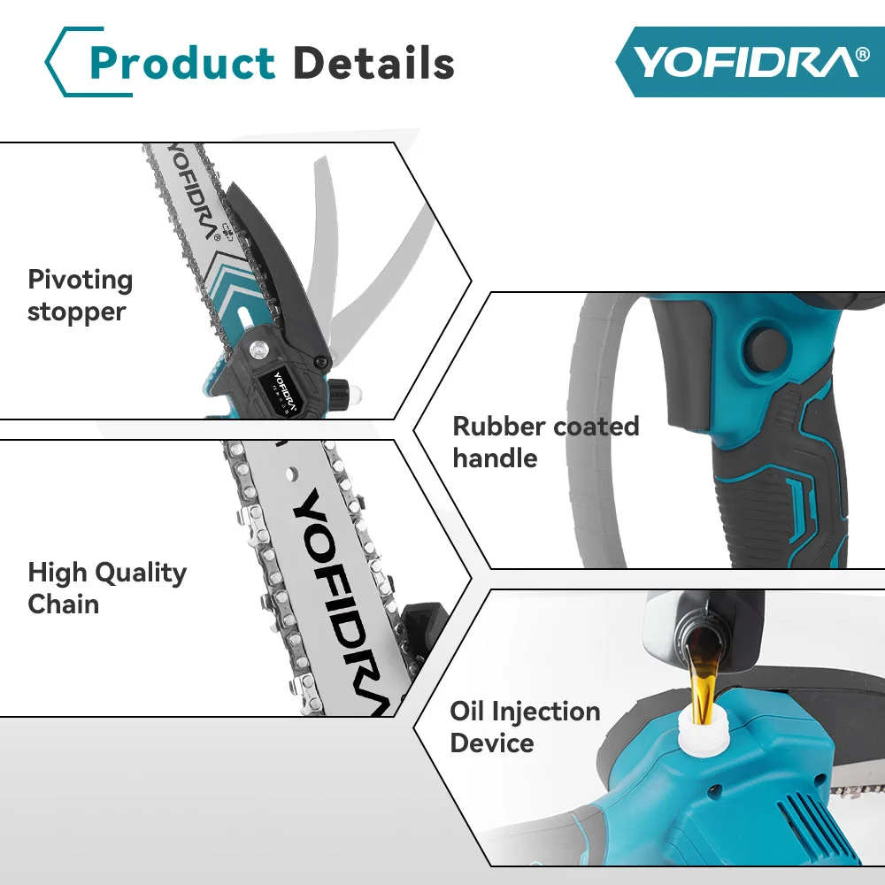 YOFIDRA 4-in-1 bürstenlose Teleskopstangensäge, 8-Zoll-Kettensäge, 32-mm-Gartenschere, Baum-Astschere für Makita-Akku – Detail 14