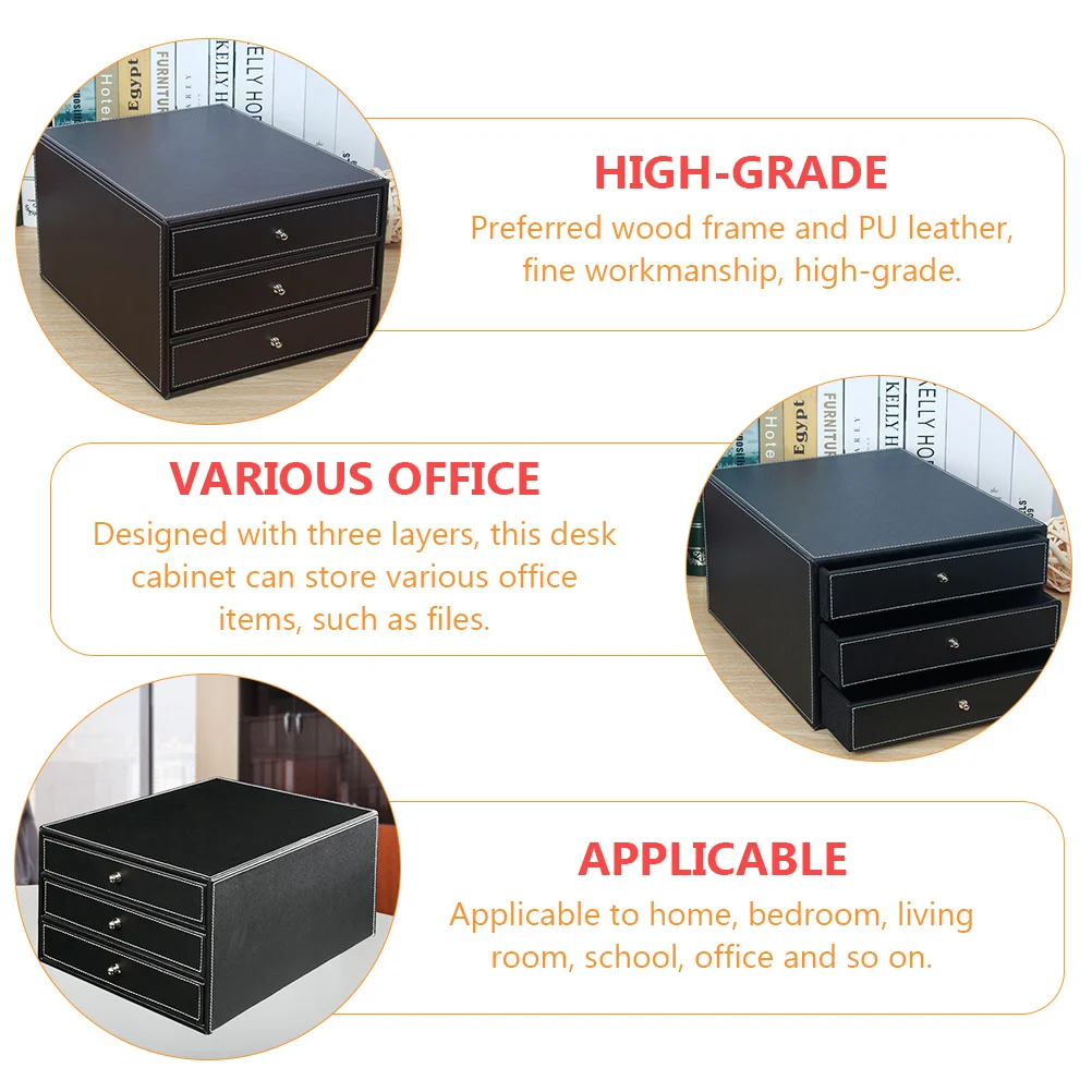 1Pc Drawer Type Desktop Cabinet Three Layers A4 File Box (Black)