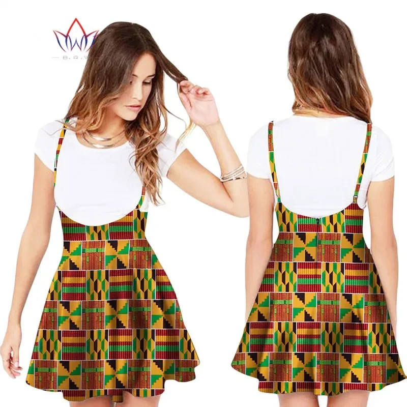 BRW Summer African Women Mini Skirt Skater Skirt with Shoulder Straps Floral Pleated Hem Braces Africa Skirt for Women WY1810