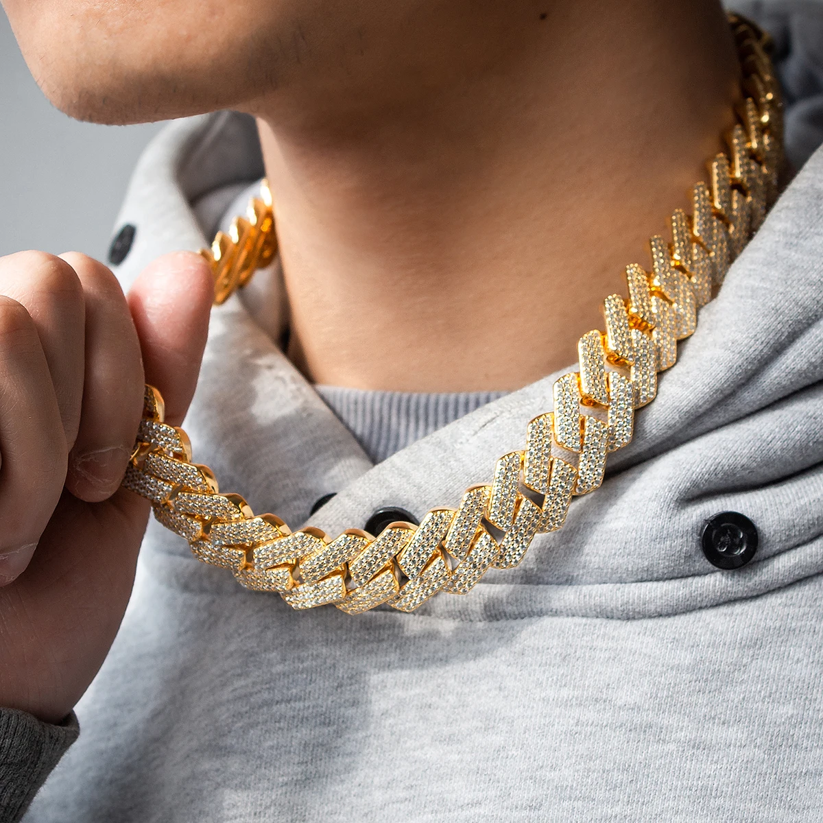 

KIBO Jewelry Bust Down Miami Cuban Iced Out S925 Sterling Silver Moissanite 18MM Gold Plated Cuban Link Chain