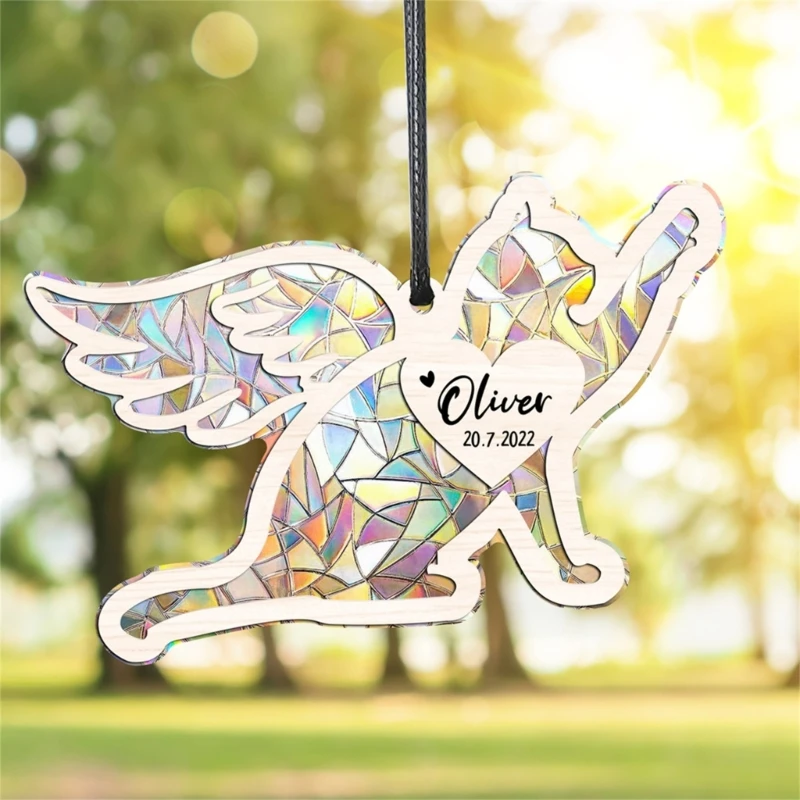 Wooden Sun Catcher Pendant PVC Rainbow Maker Dog with Wing Memorial Gift