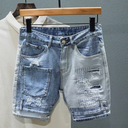 Slim Straight Jeans Shorts Men Personality Multi Pocket Mixed Color Stitching Patch Ripped Hole Denim Shorts Male Streetwear