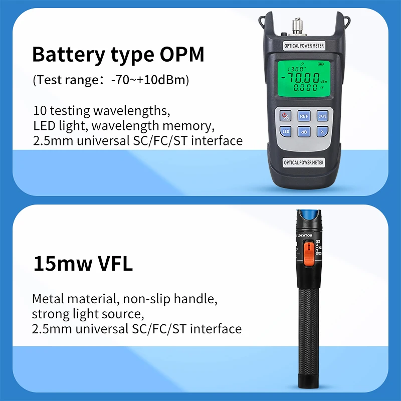 2025 19 teile/satz FTTH Fiber Optic Tool Kit mit Fiber Cleaver -70 ~ + 10 dBm Optische Power Meter Visual Fault Locator 15 mw