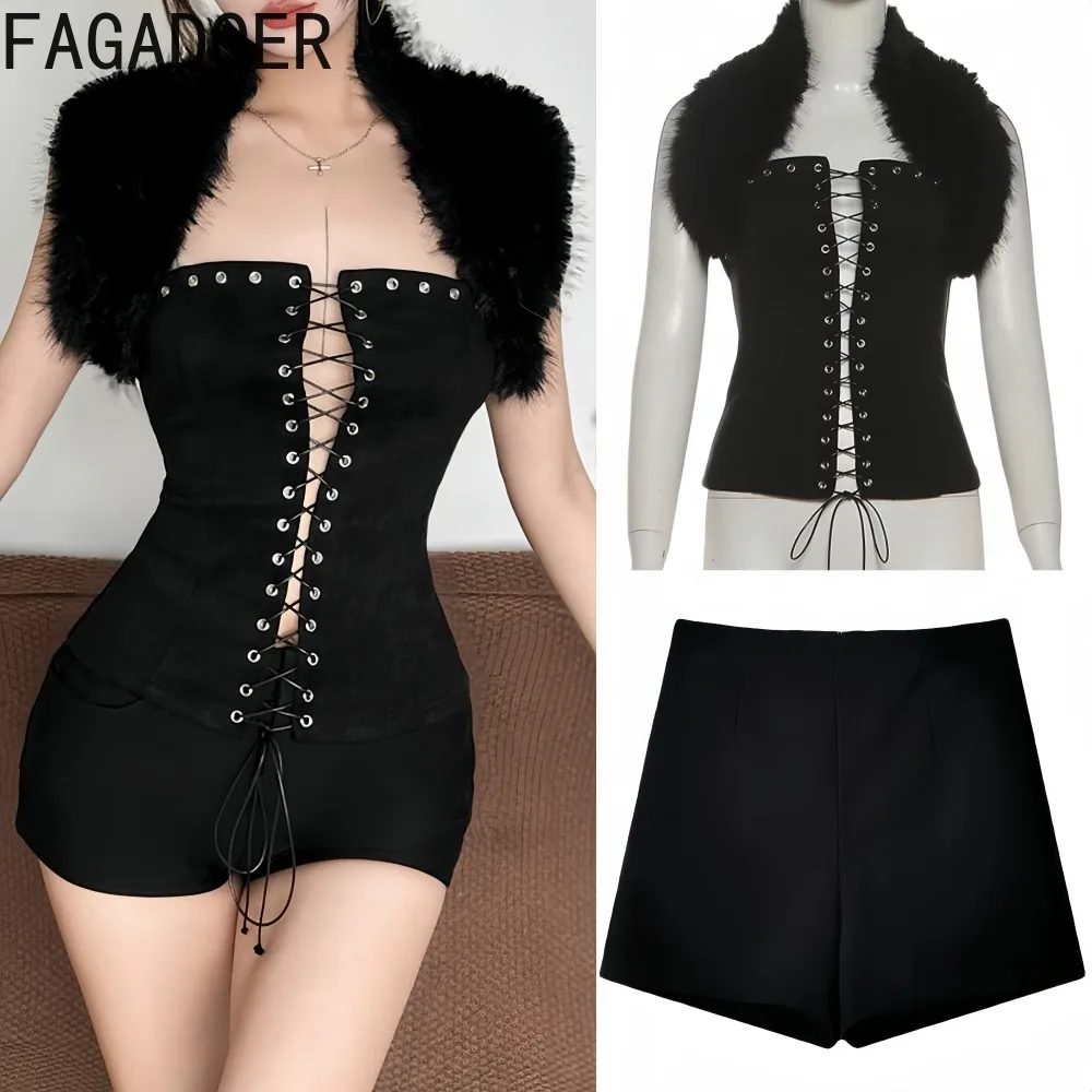 FAGADOER Sexy Fur Patchwork 2 Pieces Set for Woman Outfit Sleeveless Backless Bandage Crop Top + Shorts Suits Female Streetwear
