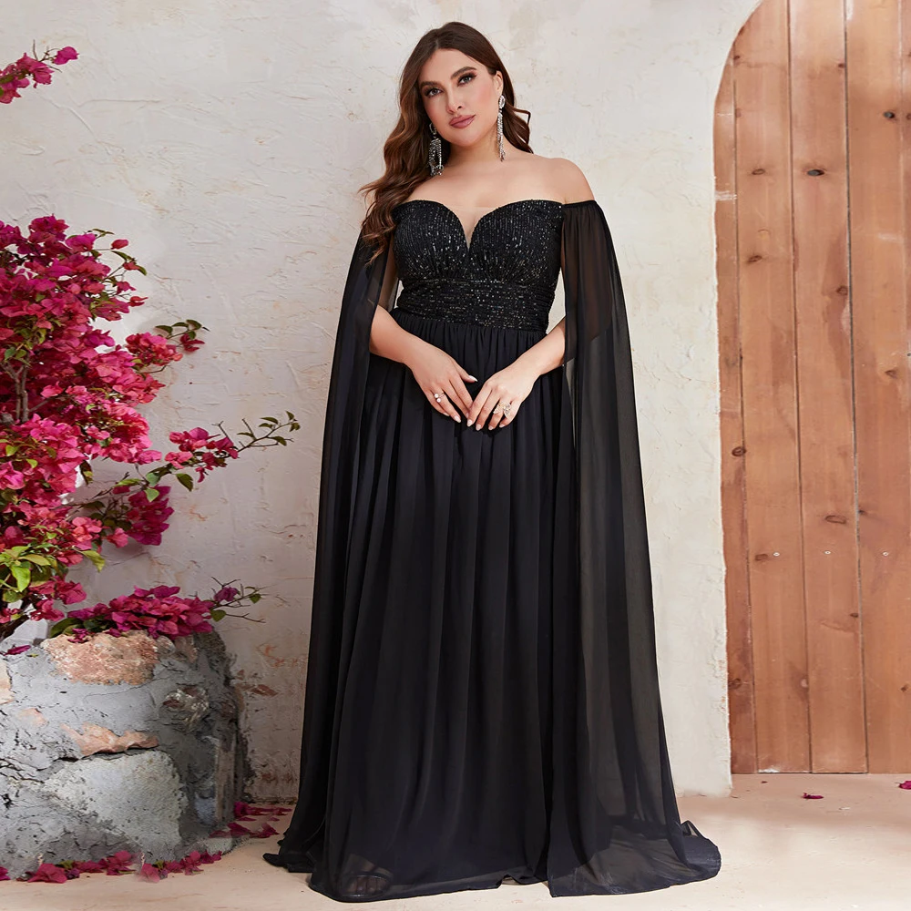 

2024 New Black Long Dress Evening Off The Shoulder Cloak Sleeves A Line Sequin Chiffon Plus Size Women Prom Party Gowns Custom