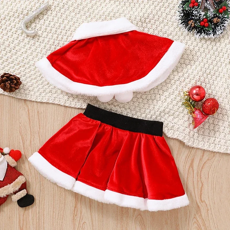 1-4T Kids Girls 2 Pieces Christmas Costume Contrast Color Splicing Lapel Plush Ball Tie-Up Shawl Tops Elastic Waist Skirt Set