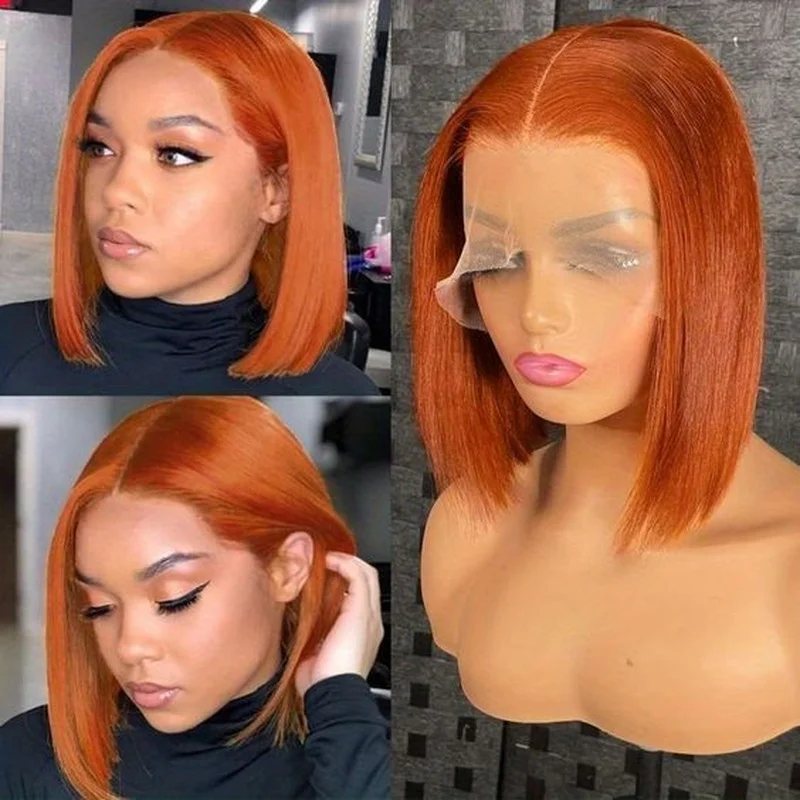 Short Bob Straight Orange Wigs 13x4 Lace Front Wigs Hair Glueless Soft Wig