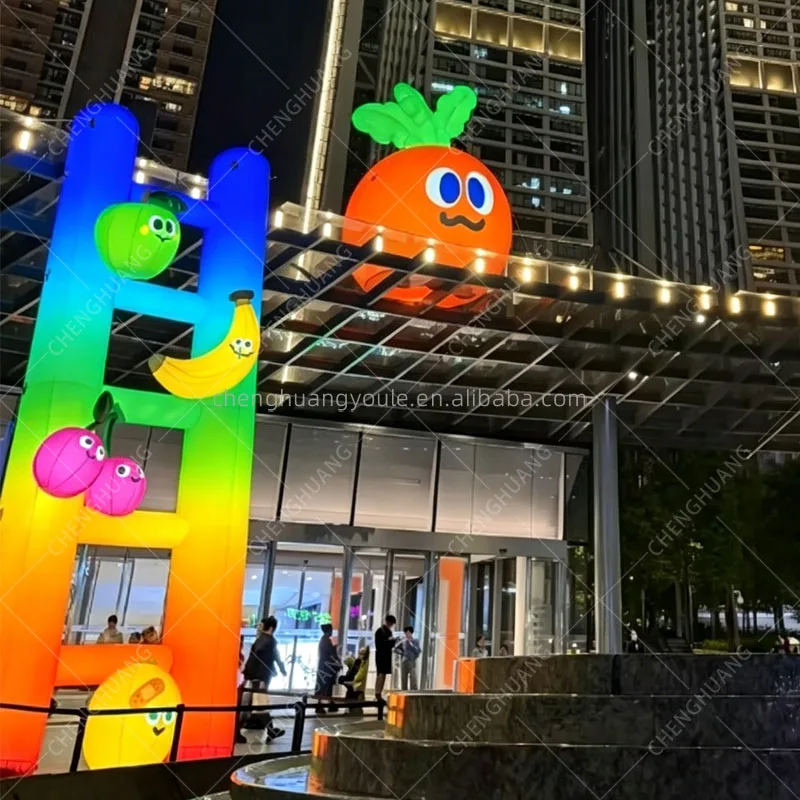 LED Giant Inflatable Rainbow Ladder with Fruits Banana Cherry Apple Pear, Outdoor Entrance Decor for Event Advertising