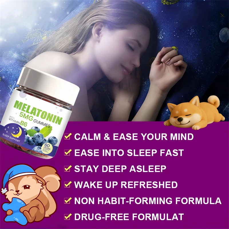 Melatonin Gummies with Vitamin B6 for Fall Asleep Faster,Sleep Longer,Natural Sleep Aid,Relieves Stress Natural Blueberry Flavor