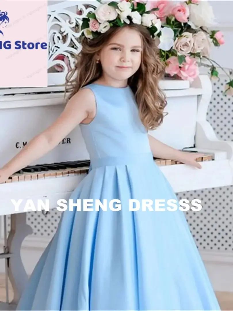 فستان زفاف بناتي مزين بفيونكة زرقاء طويلة بدون ظهر مخصصة لحفلات الزفاف الأنيقة على شكل زهرة صغيرة للأطفال وحفلات التواصل الأول