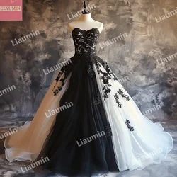 White Tulle Black Lace Applique Strapless Sweep Train Wedding Prom Dresses Bridal Ball Gowns Floor Length Custom Made W15-49.22