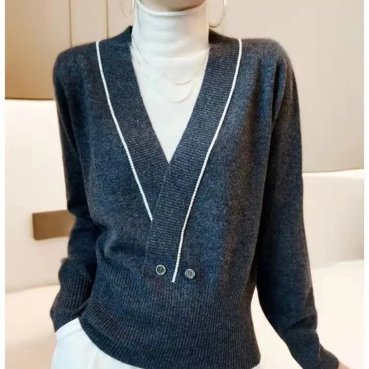 Women's Half High Collar Patchwork Striped Button Sweater Autumn and Winter Casual Pullover Long Sleeve Office Lady Knit Tops