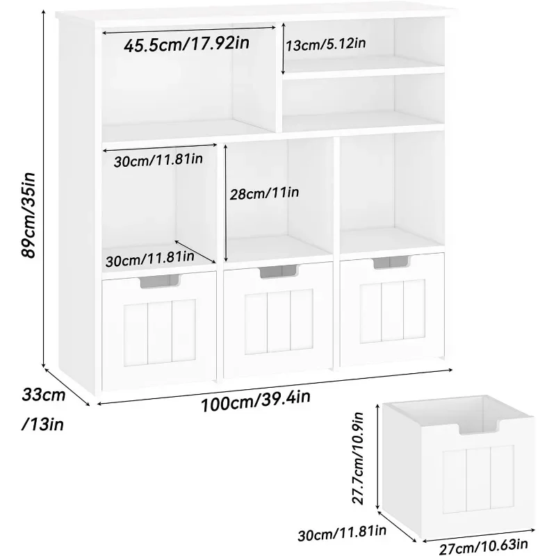 خزانة ألعاب خزانة كتب للأطفال ، 3 أدراج قابلة للإزالة ، عجلات مخفية ، صندوق ألعاب مع 6 أقسام تخزين ، أبيض