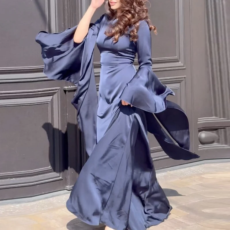 Ladies Elegant O-neck Slim Party Dress New Fall Satin Flared Sleeved Casual Robe Dress Fashion Women's High Waist Evening Dress