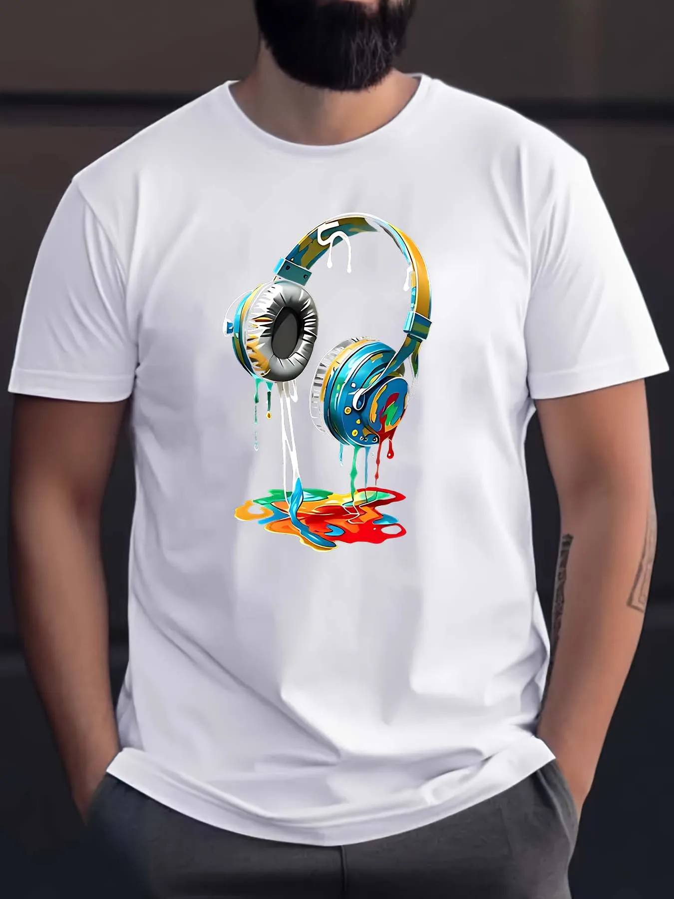 

Colored Melted Headphone Pattern Print Men's Casual Short Sleeve Round Neck T Shirt Breathable Trend Exquisite Soft