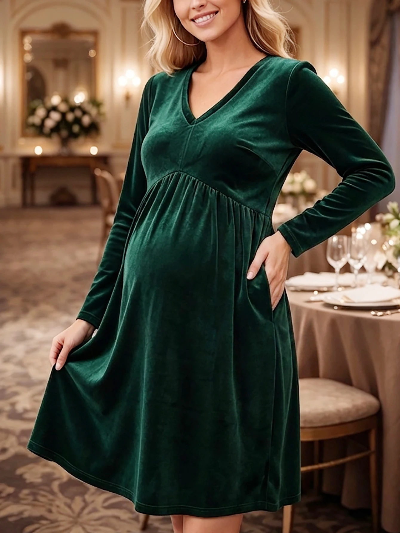 Maternity Golden Velvet Pocket Long Sleeve Dress Autumn Winter Casual Comfortable Formal Party Dress Green Maternity Dress