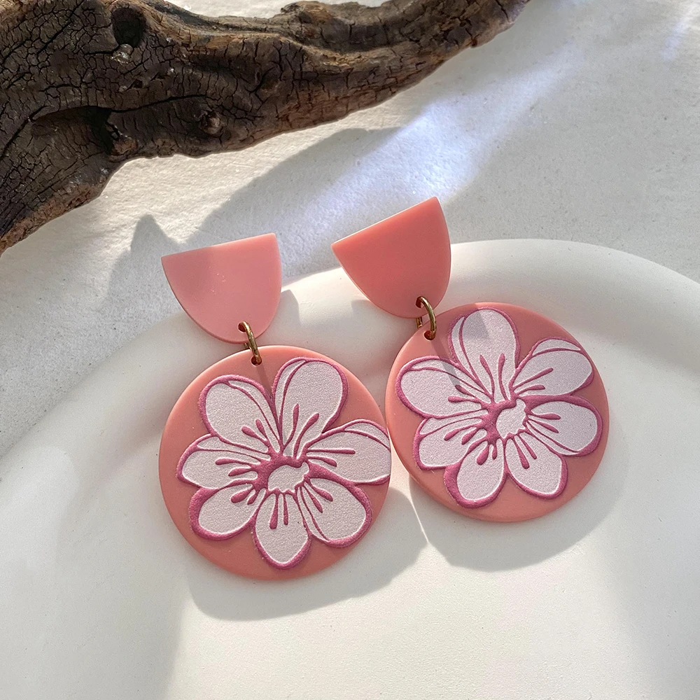 Lifefontier Handmade Red Acrylic Geometric Floral Wedding Bride Drop Earrings For Women Temperament Jewelry Flower Earring Gift