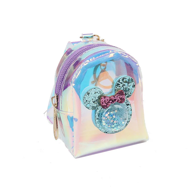 Disney-monedero de Mickey y Minnie para mujer, Mini billetera de PVC transparente con láser, monedero con correa y cremallera, bolso para llaves, colgante portátil