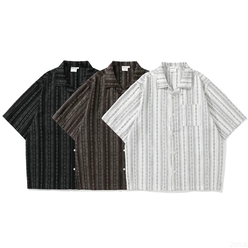 Japanese Retro Striped Workwear Short Sleeved Shirt for Men and Women Cityboy Silhouette Half Sleeved Cuban Collar Shirt