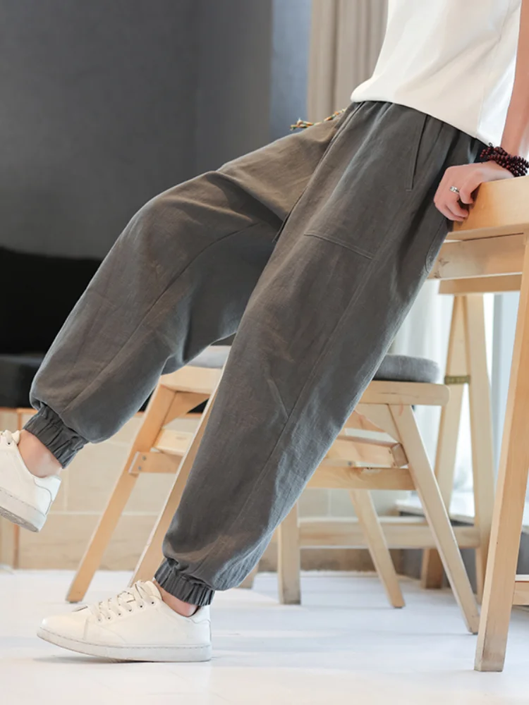 

Летние тонкие хлопковые льняные мужские свободные брюки-шаровары с широкими штанинами, дышащие, удобные, легкие, классического цвета