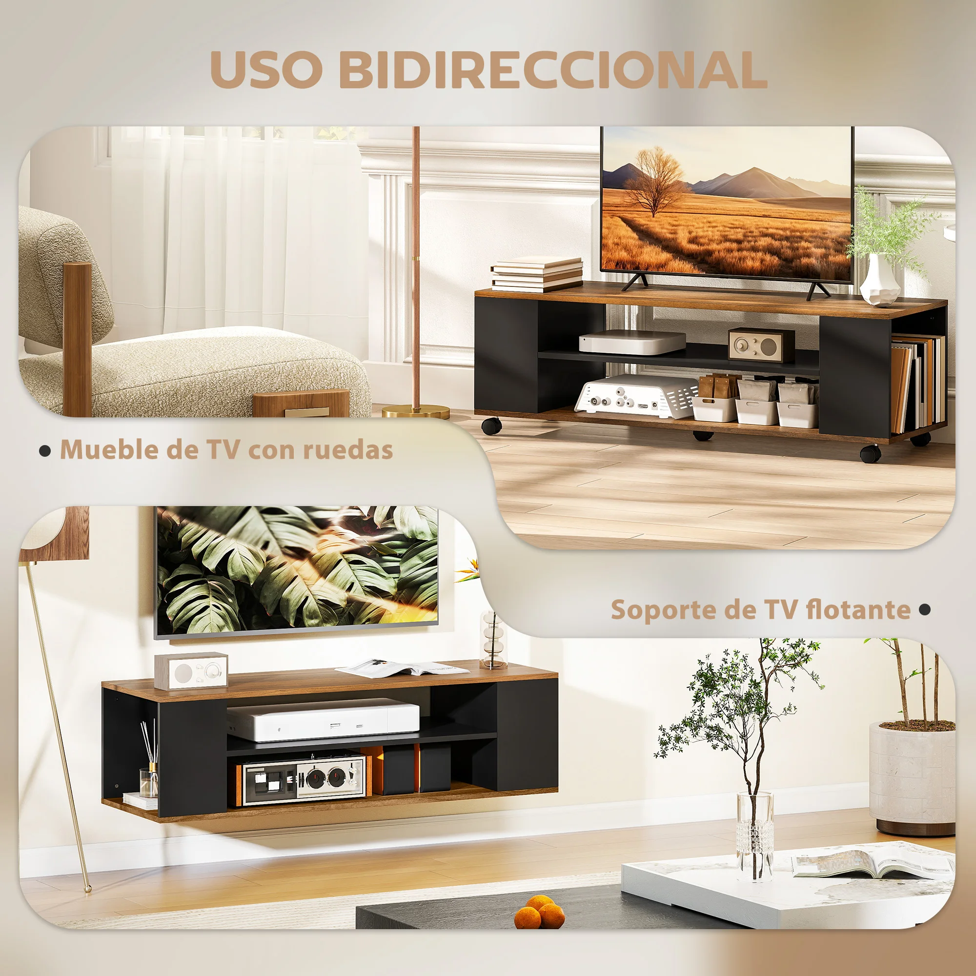 HOMCOM Mueble de TV con Ruedas, Mesa de TV Suspendido o de Pie, para Salón, con 4 Estantes Abiertos, Televisión de 55 Pulgadas