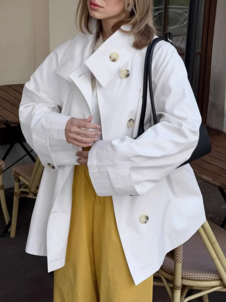 

Элегантные женские плащи, осень 202, белые однобортные ветровки с отложным воротником, уличная одежда, женская винтажная верхняя одежда