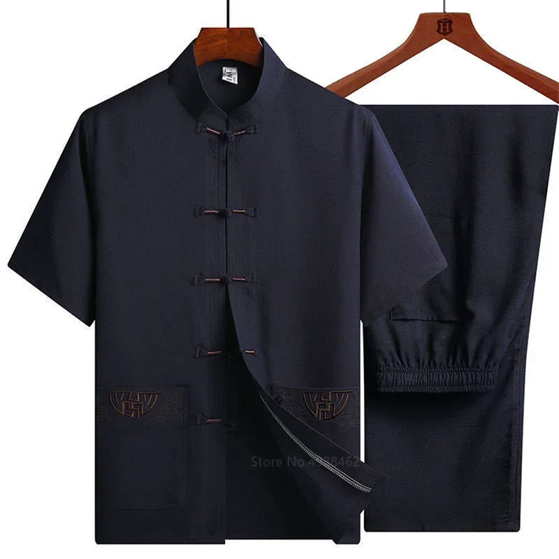 男性のための伝統的な中国の服,大人のための太極拳カンフーのユニフォーム,半袖リネン,刺embroideryのカジュアルな衣装