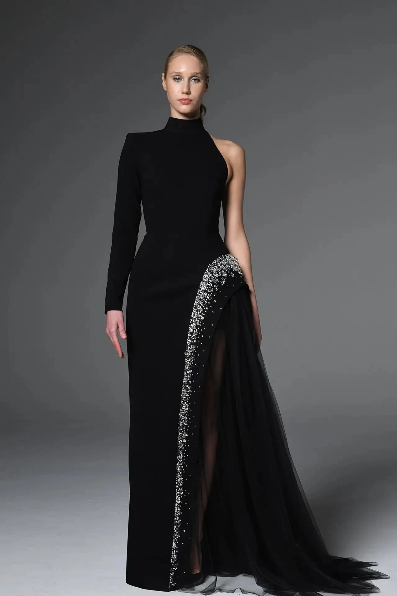 Customized New Arrival Black Crepe High Neck One Long Sleeves Party Crystal vestidos de fiesta فساتين سهره evening dresses