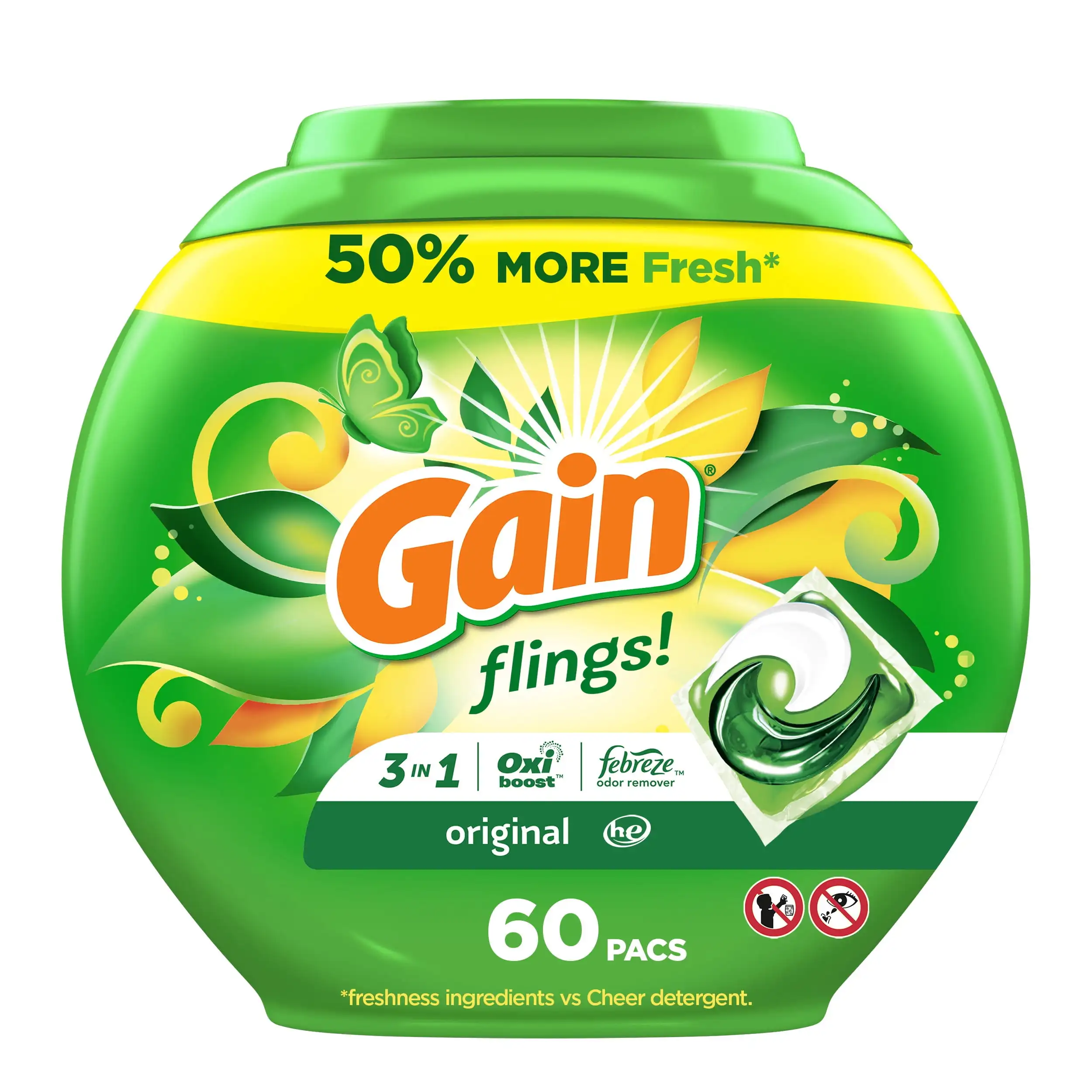 

Flings Liquid Laundry Detergent Pacs with Oxi Boost and Febreze, Original Scent, 60 Count Perfect cleaning capability