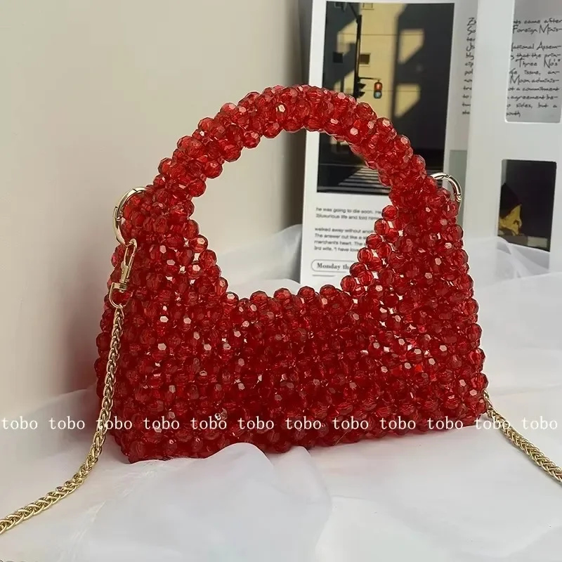 SHINE Customized Long Chain Red Bead Woven Handbags Cute Half Moon Sweet Girls Casual Versatile Retro Designer Crossbody Bags