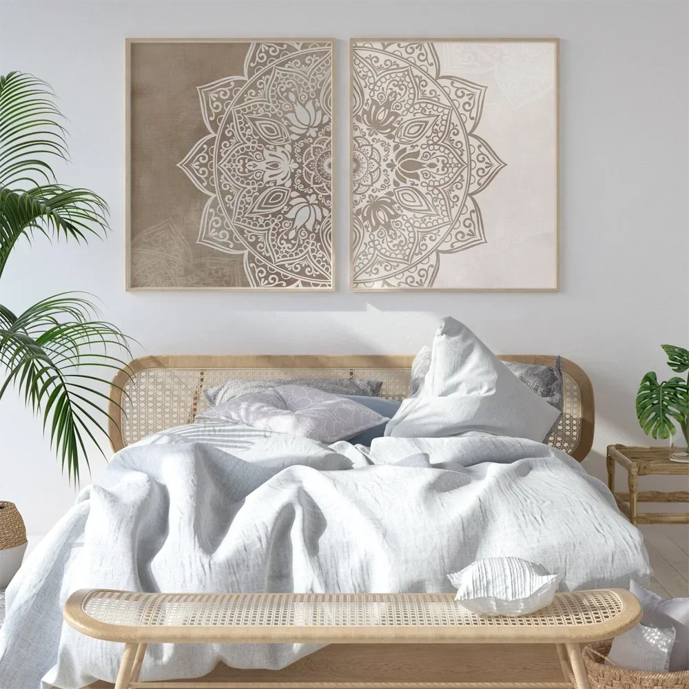 

Original Beige Taupe Mandala Wall Art Posters Print Boho Neutral Color Canvas Painting Living Room Bedroom Decor Home Art Nordic