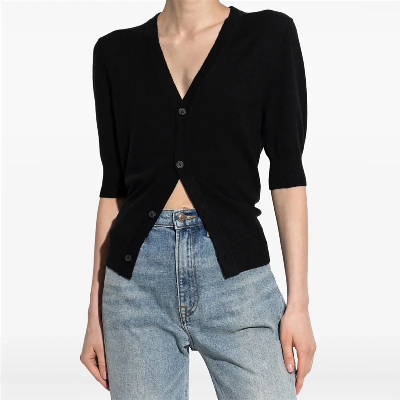 

Cardigan for women New autumn 2025 single breasted slim fit V-neck short sleeved top 100% wool women's sweater casual knitwear