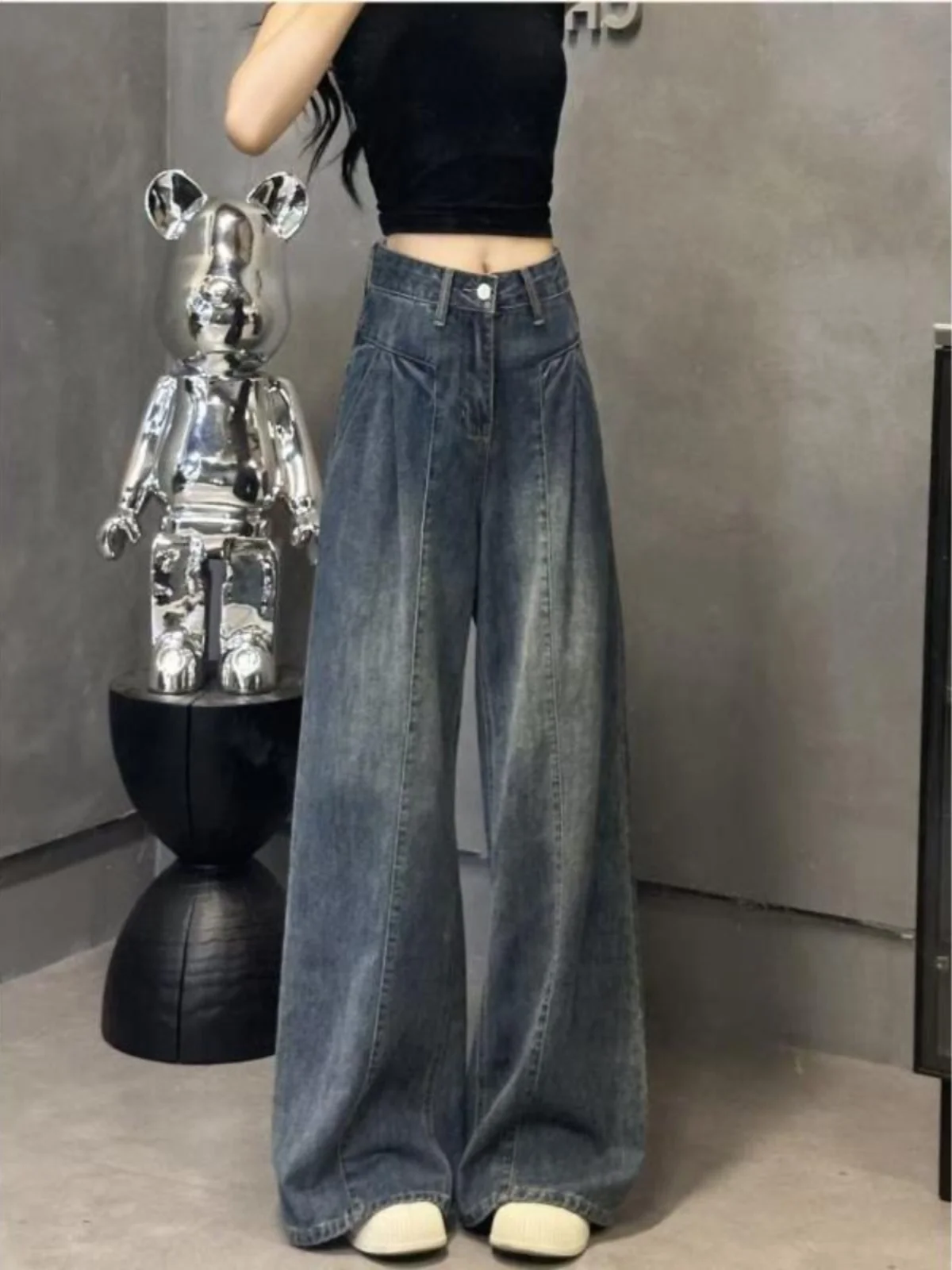 

Новые женские джинсы премиум-класса: ретро-кэжуал, широкие штанины, высокая талия, стройнящие, драпирующиеся, прямые, синие