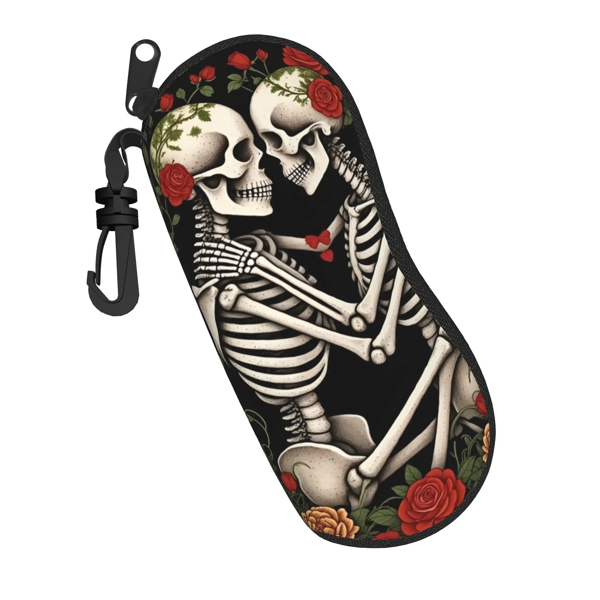 Lovely Cartoon Glasses Case Skeleton Love Gothic Floral Skull Kiss Zipper  Glasses Storage Box Anti-Pressure Eyewear Container
